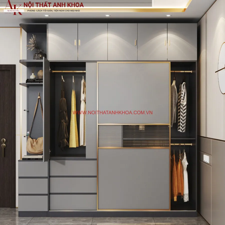 Tủ Quần Áo Gỗ Công Nghiệp Kết Hợp Cánh Kính Đẹp Hiện Đại