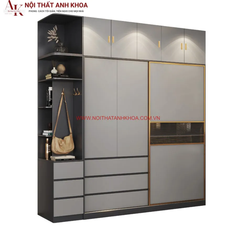 Tủ Quần Áo Gỗ Công Nghiệp Kết Hợp Cánh Kính Đẹp Hiện Đại