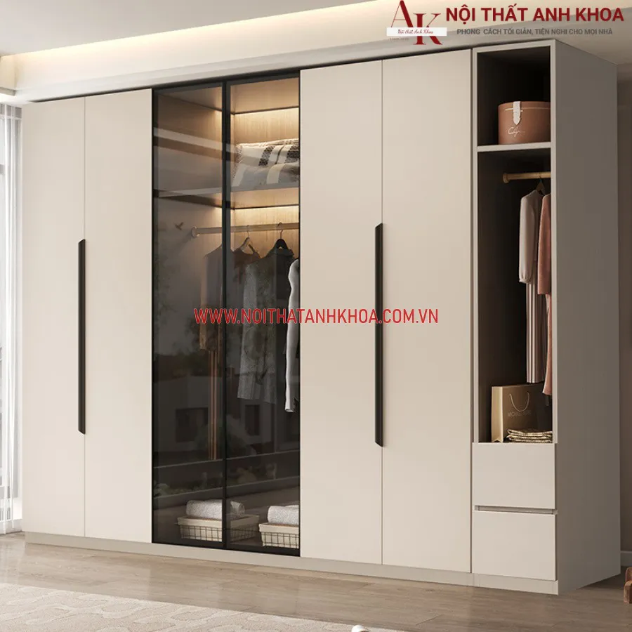 Tủ Quần Áo Gỗ Công Nghiệp Kết Hợp Cánh Kính Màu Sắc Đẹp Sang Trọng
