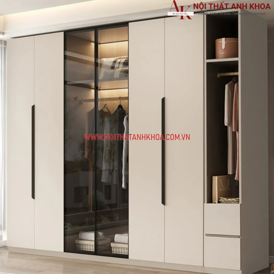 Tủ Quần Áo Gỗ Công Nghiệp Kết Hợp Cánh Kính Màu Sắc Đẹp Sang Trọng