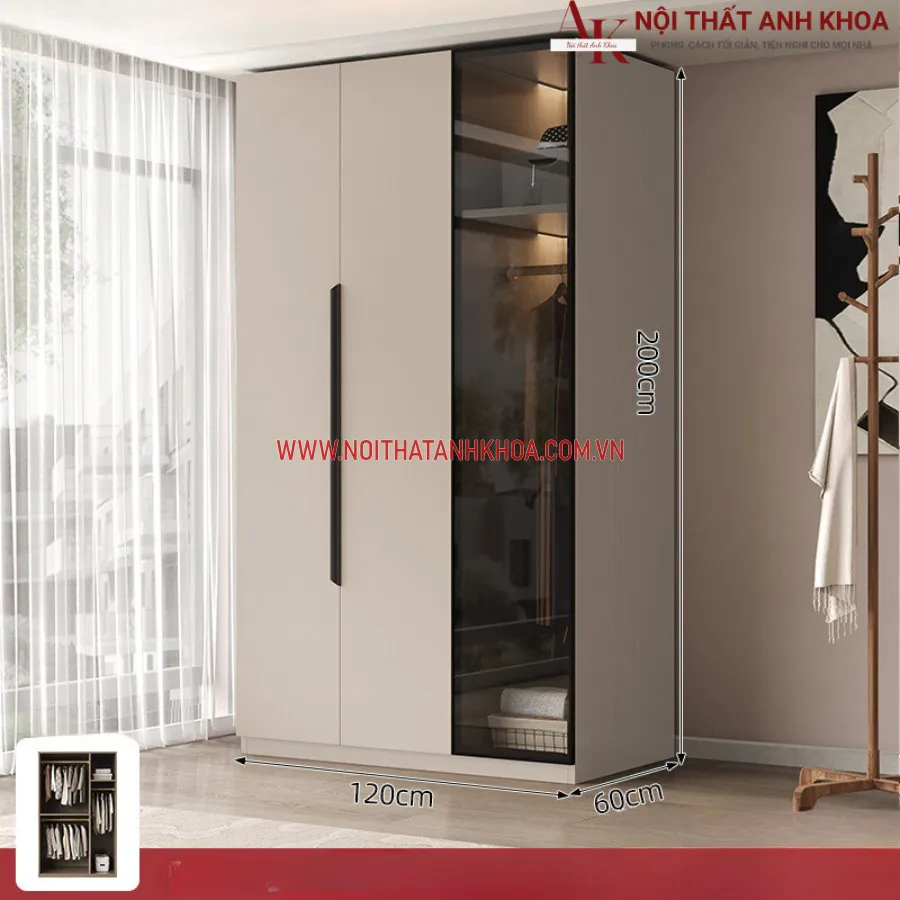 Tủ Quần Áo Gỗ Công Nghiệp Kết Hợp Cánh Kính Màu Sắc Đẹp Sang Trọng