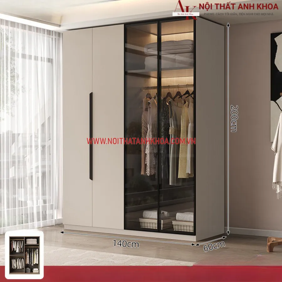 Tủ Quần Áo Gỗ Công Nghiệp Kết Hợp Cánh Kính Màu Sắc Đẹp Sang Trọng