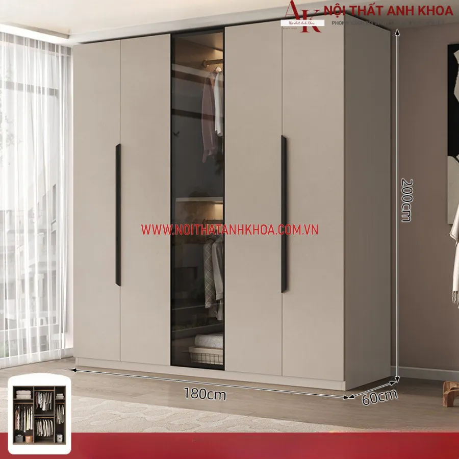 Tủ Quần Áo Gỗ Công Nghiệp Kết Hợp Cánh Kính Màu Sắc Đẹp Sang Trọng