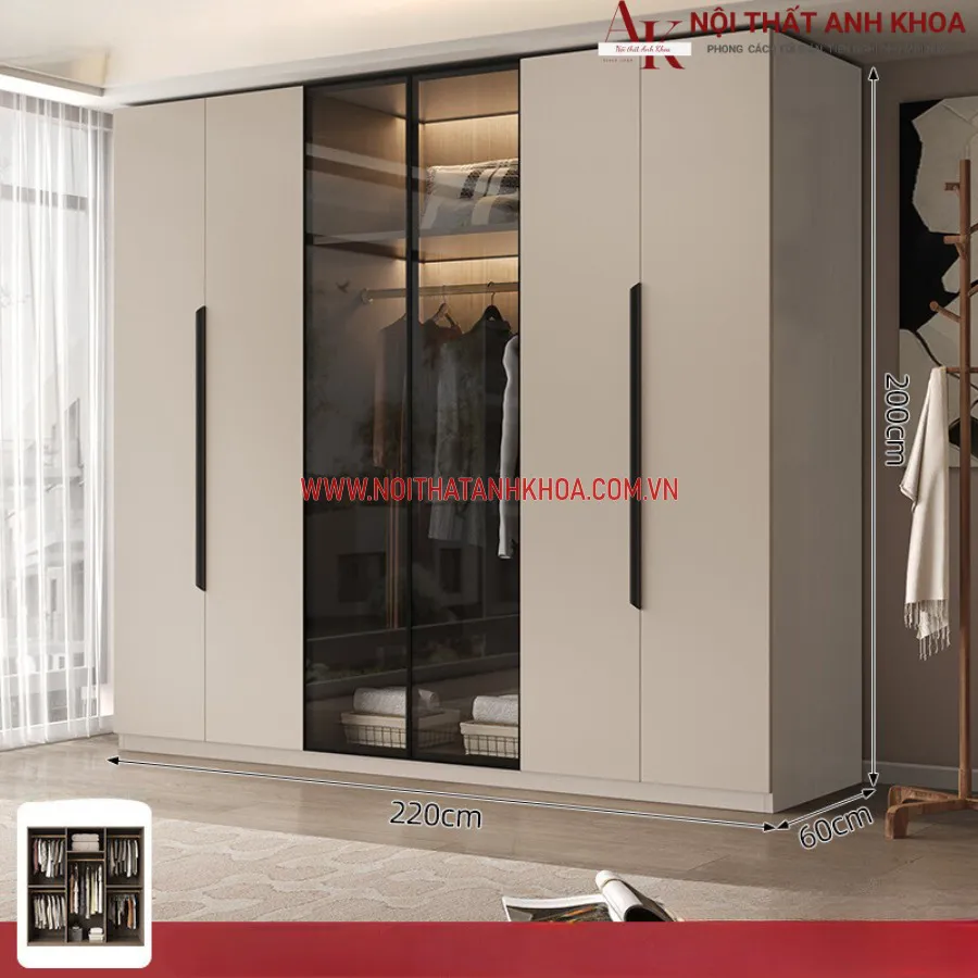 Tủ Quần Áo Gỗ Công Nghiệp Kết Hợp Cánh Kính Màu Sắc Đẹp Sang Trọng