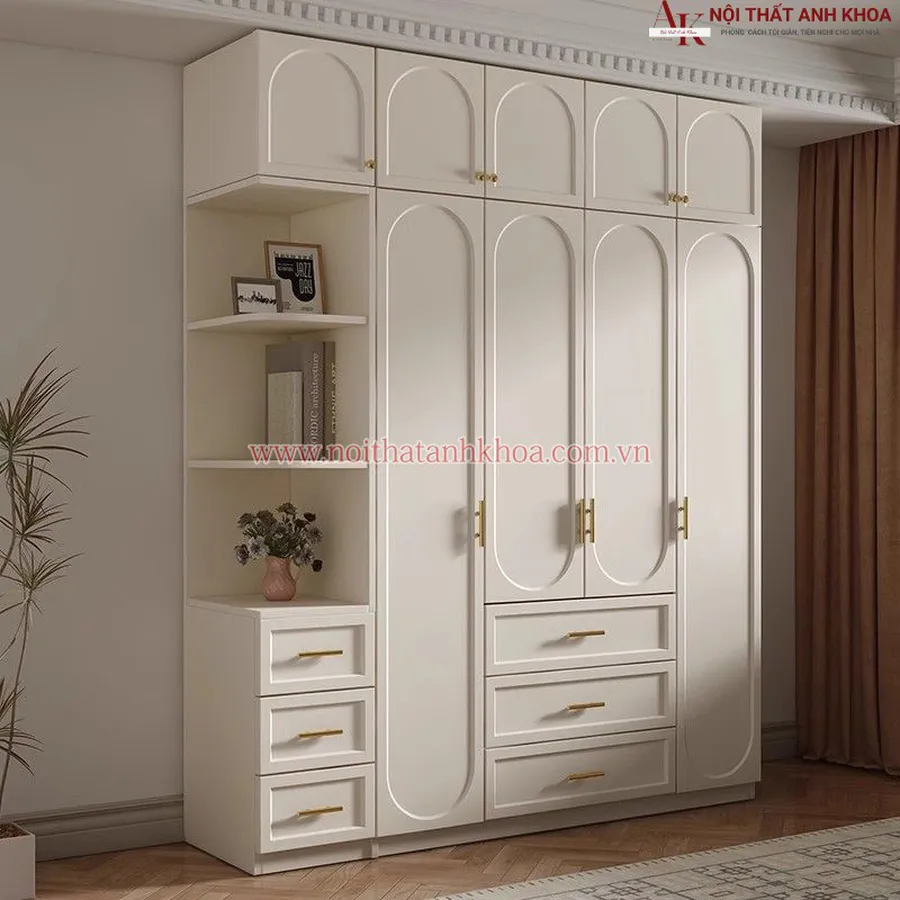 Tủ Quần Áo Gỗ Công Nghiệp Màu Trắng Phong Cách Tân Cổ Điển