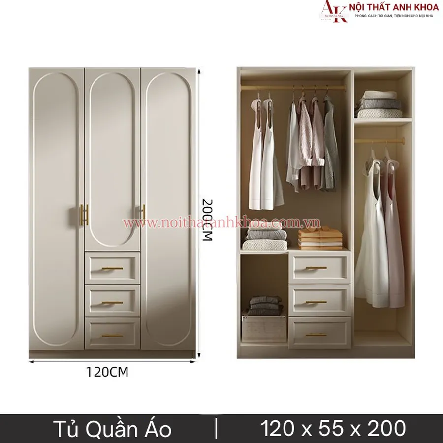 Tủ Quần Áo Gỗ Công Nghiệp Màu Trắng Phong Cách Tân Cổ Điển