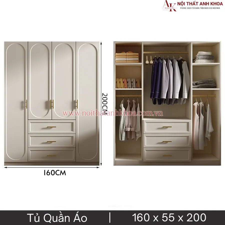 Tủ Quần Áo Gỗ Công Nghiệp Màu Trắng Phong Cách Tân Cổ Điển