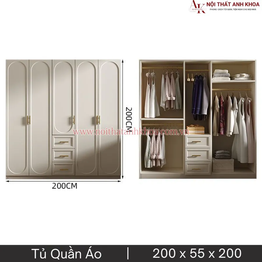Tủ Quần Áo Gỗ Công Nghiệp Màu Trắng Phong Cách Tân Cổ Điển