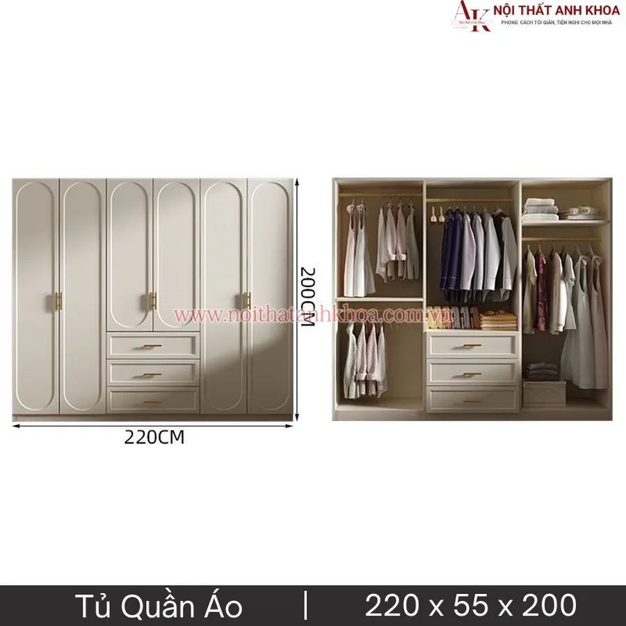 Tủ Quần Áo Gỗ Công Nghiệp Màu Trắng Phong Cách Tân Cổ Điển