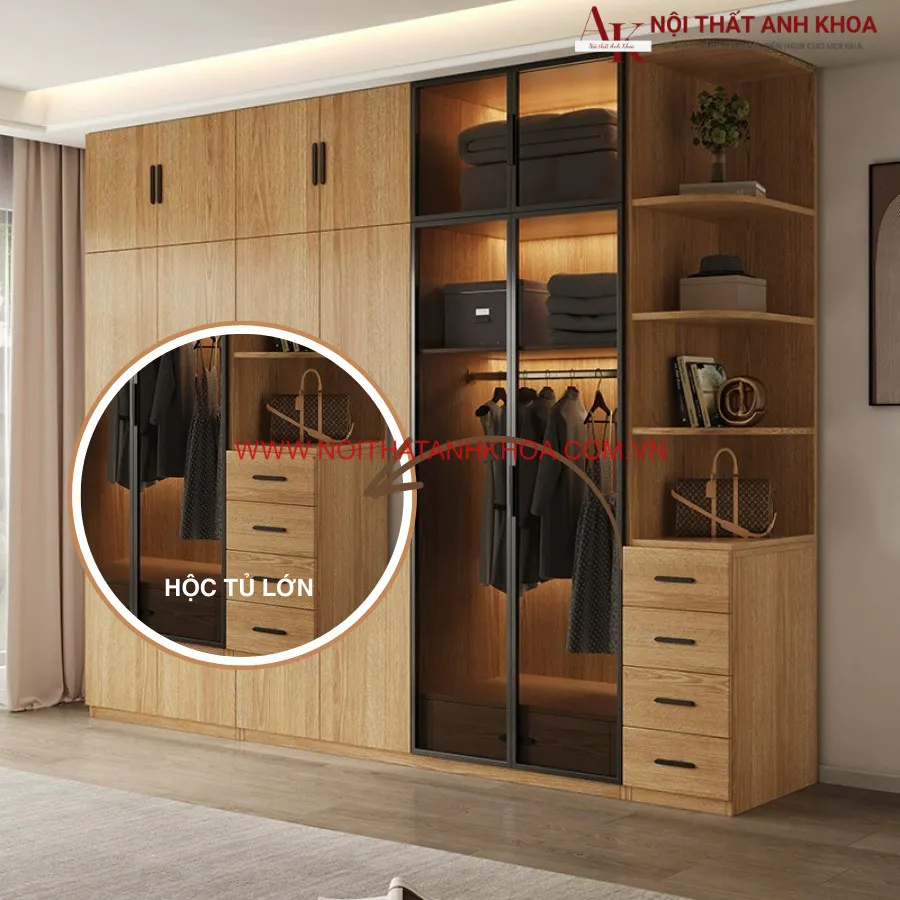 Tủ Quần Áo Gỗ Công Nghiệp Màu Vàng Vân Gỗ Đẹp Hiện Đại Giá Rẻ