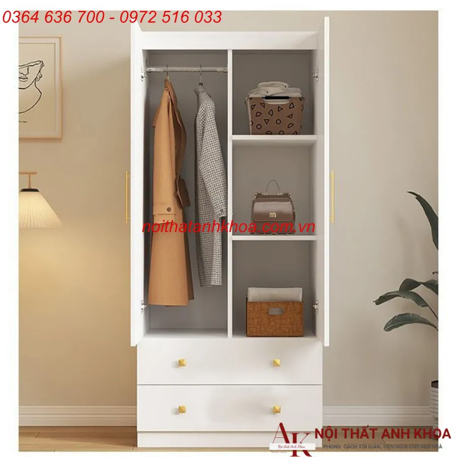 Tủ Quần Áo Gỗ Ép 2 Cánh Màu Trắng Giá Rẻ