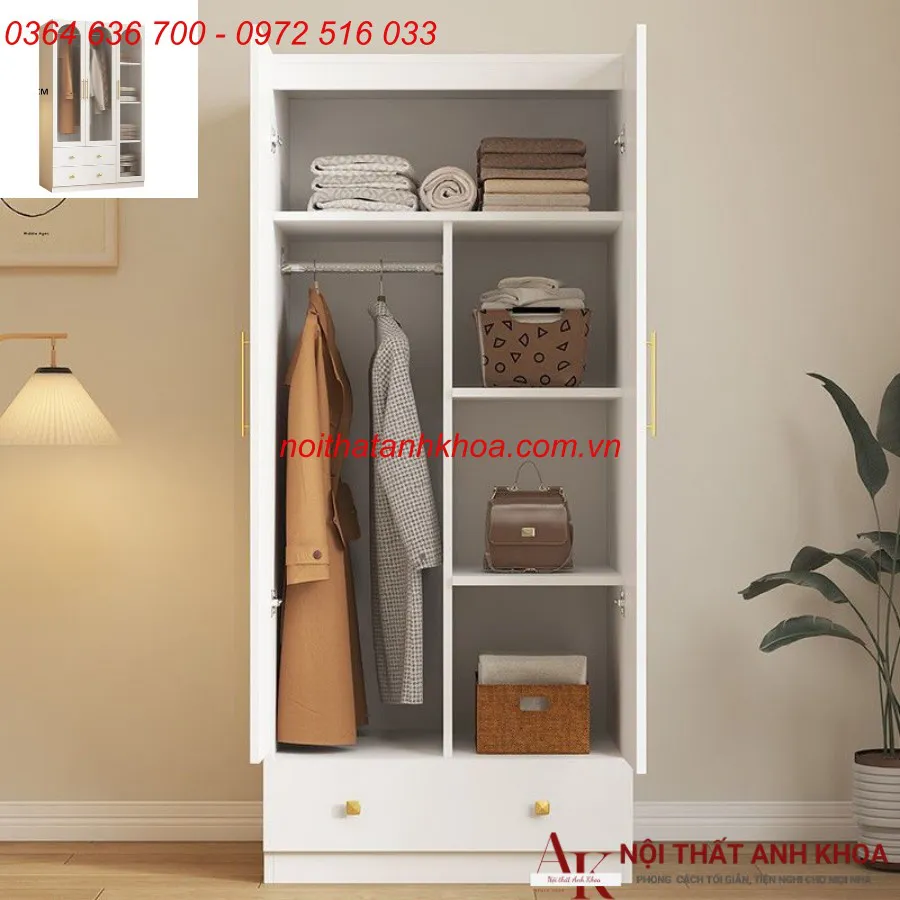 Tủ Quần Áo Gỗ Ép 2 Cánh Màu Trắng Giá Rẻ