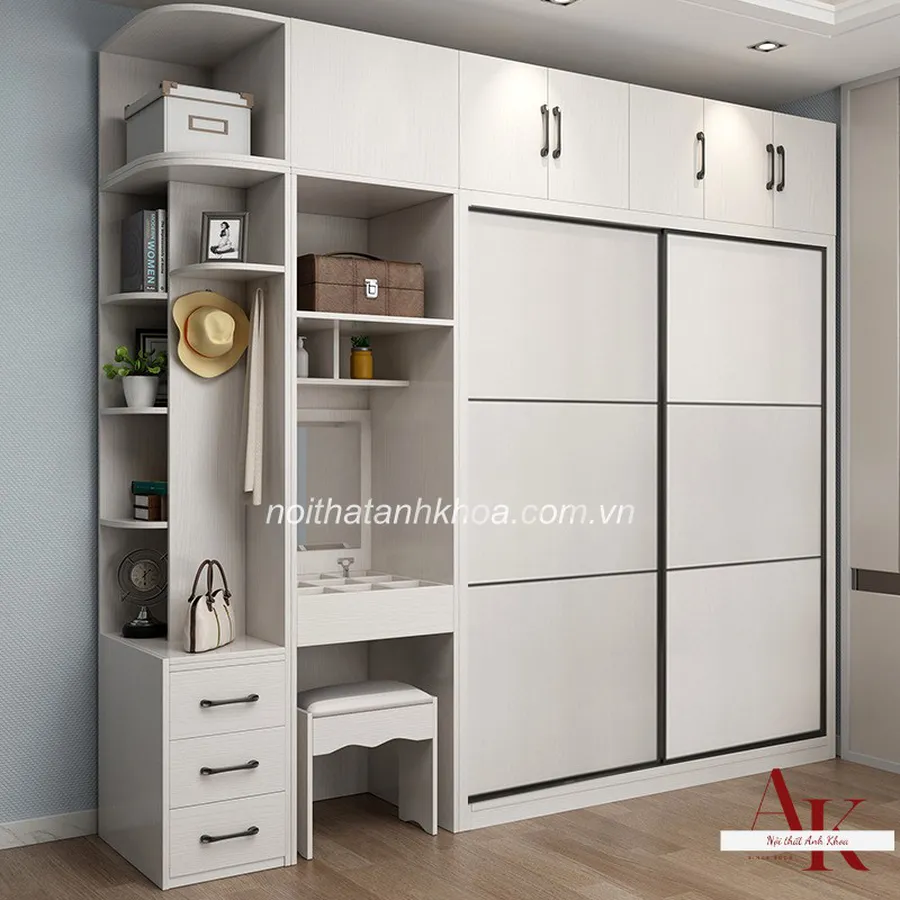 Tủ Quần Áo Gỗ MDF Màu Trắng Phối Cánh Kính Đẹp Hiện Đại