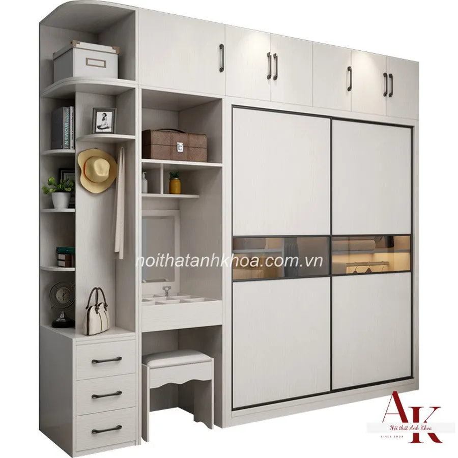 Tủ Quần Áo Gỗ MDF Màu Trắng Phối Cánh Kính Đẹp Hiện Đại