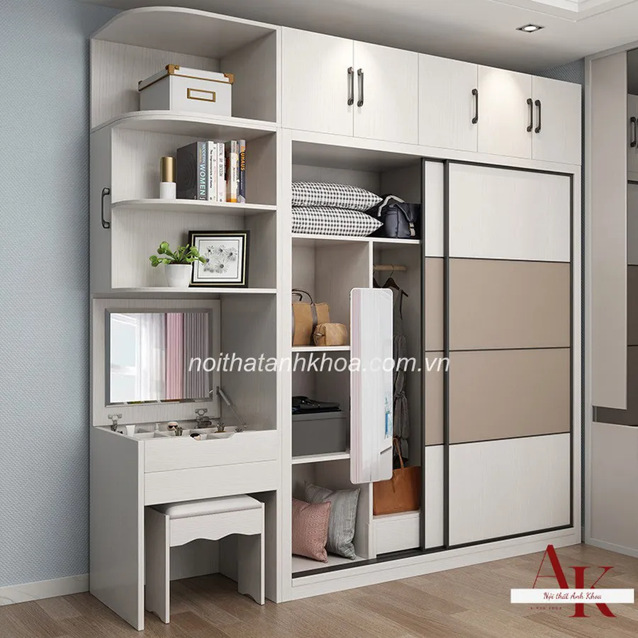 Tủ Quần Áo Gỗ MDF Màu Trắng Phối Cánh Kính Đẹp Hiện Đại