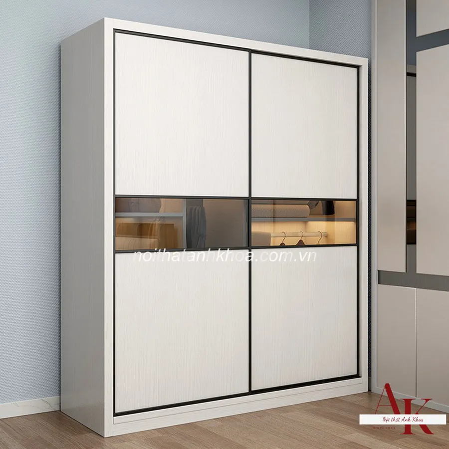 Tủ Quần Áo Gỗ MDF Màu Trắng Phối Cánh Kính Đẹp Hiện Đại