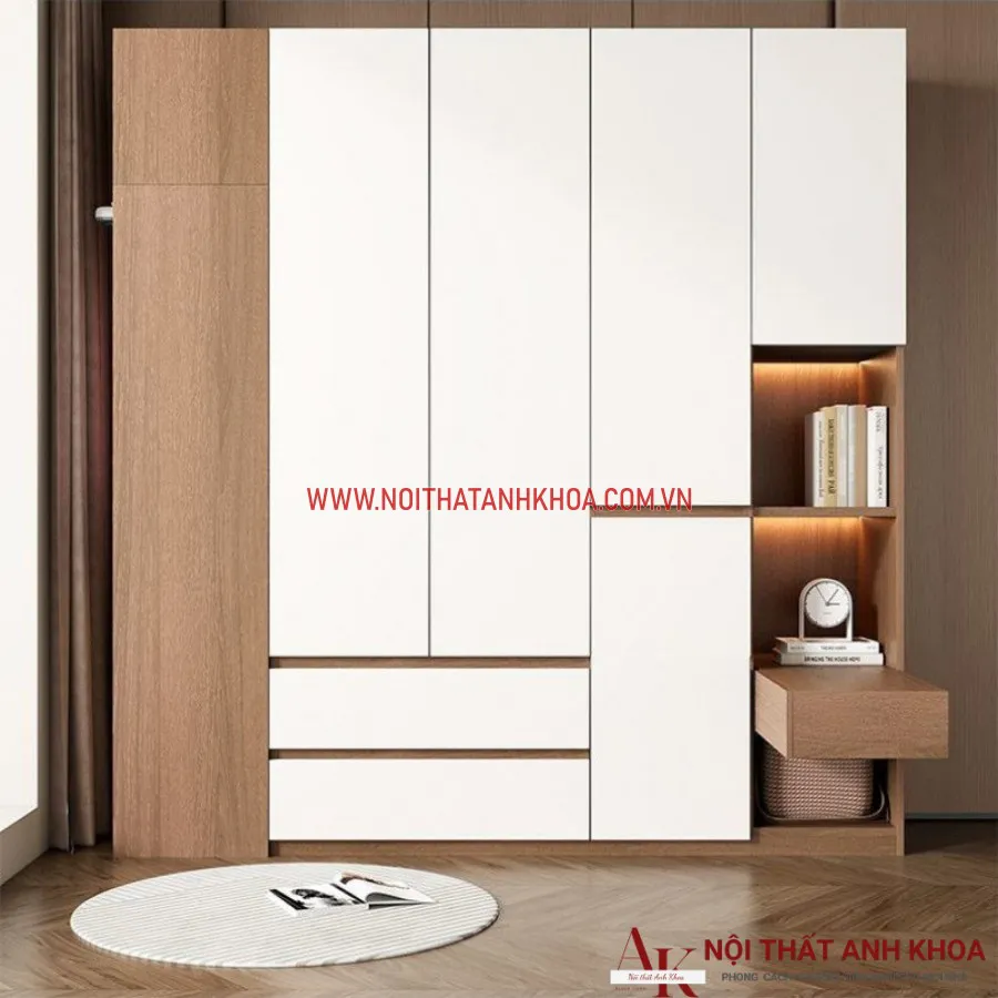 Tủ Quần Áo Gỗ Ván Ép Màu Gỗ Phối Cánh Trắng