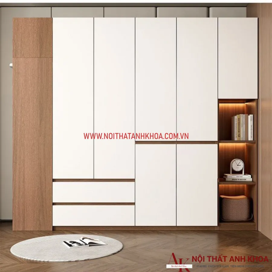 Tủ Quần Áo Gỗ Ván Ép Màu Gỗ Phối Cánh Trắng
