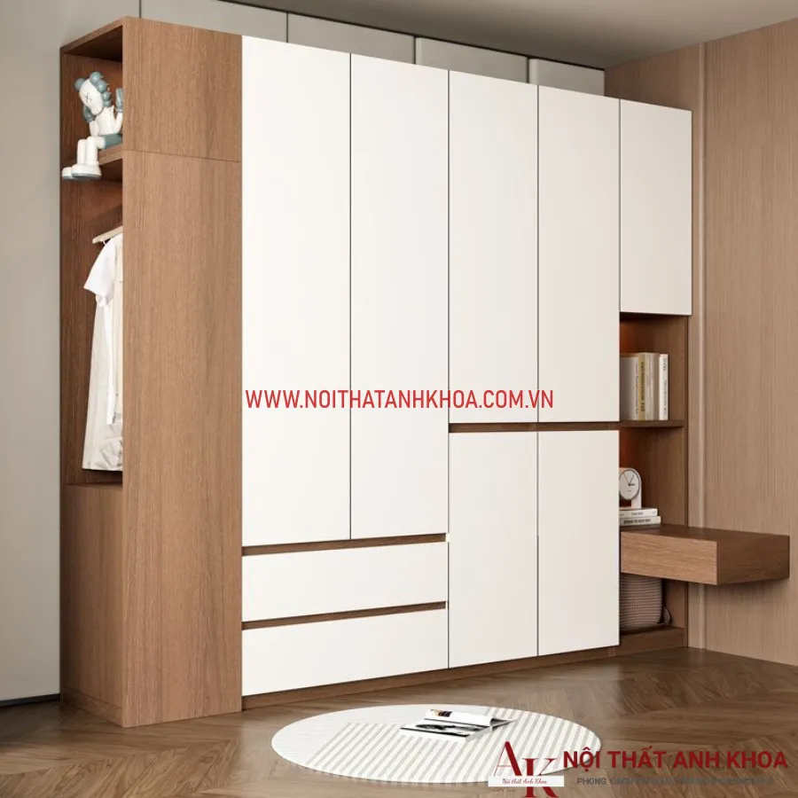 Tủ Quần Áo Gỗ Ván Ép Màu Gỗ Phối Cánh Trắng