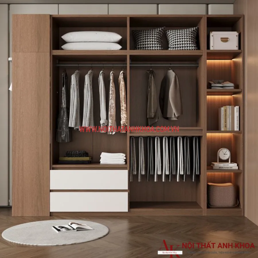 Tủ Quần Áo Gỗ Ván Ép Màu Gỗ Phối Cánh Trắng