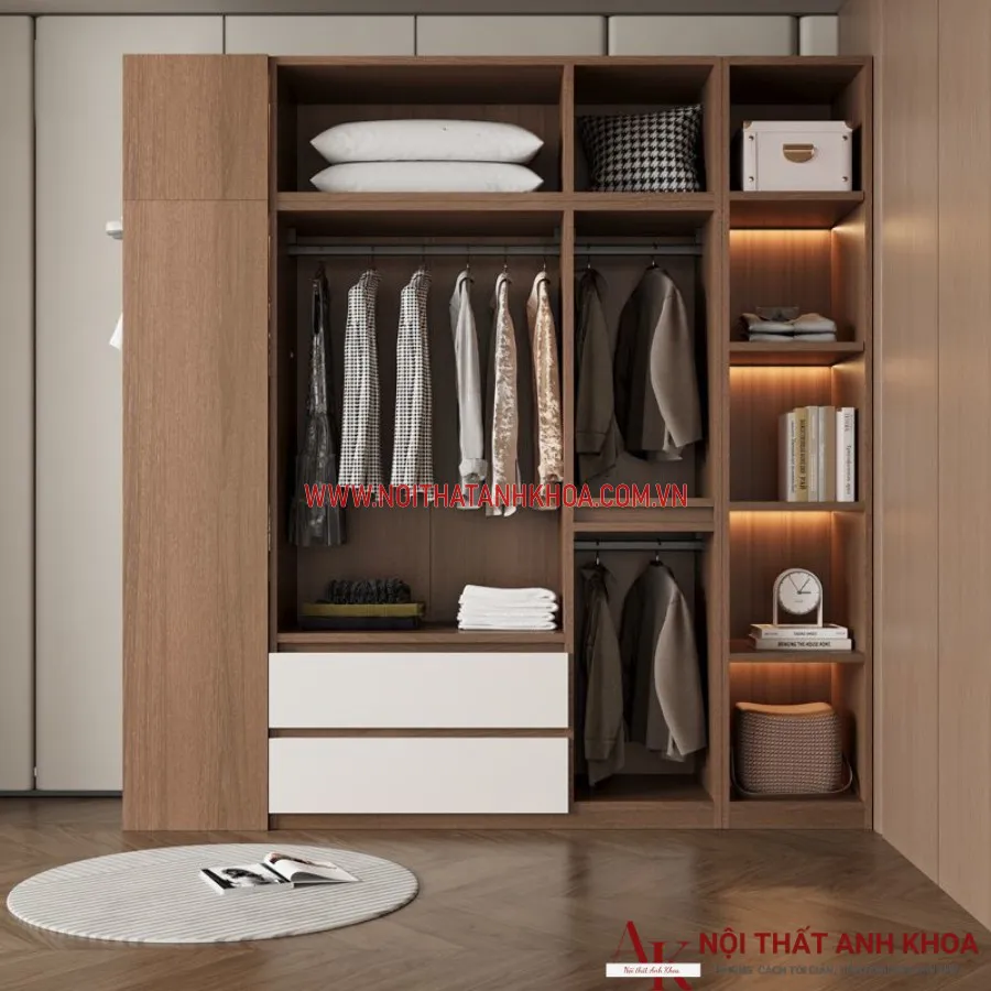 Tủ Quần Áo Gỗ Ván Ép Màu Gỗ Phối Cánh Trắng
