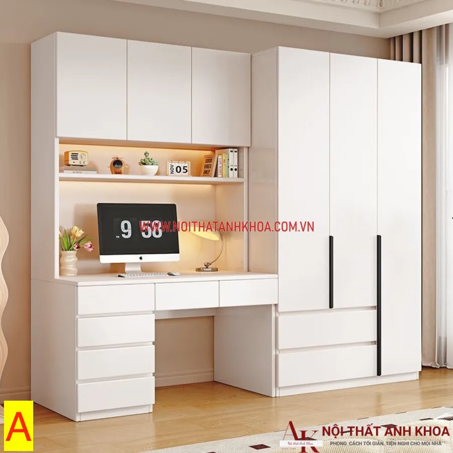 Tủ Quần Áo Kết Hợp Bàn Học Gỗ Công Nghiệp Màu Trắng Hiện Đại Tiện Nghi