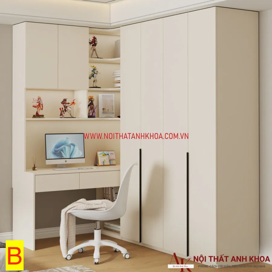 Tủ Quần Áo Kết Hợp Bàn Học Gỗ Công Nghiệp Màu Trắng Hiện Đại Tiện Nghi