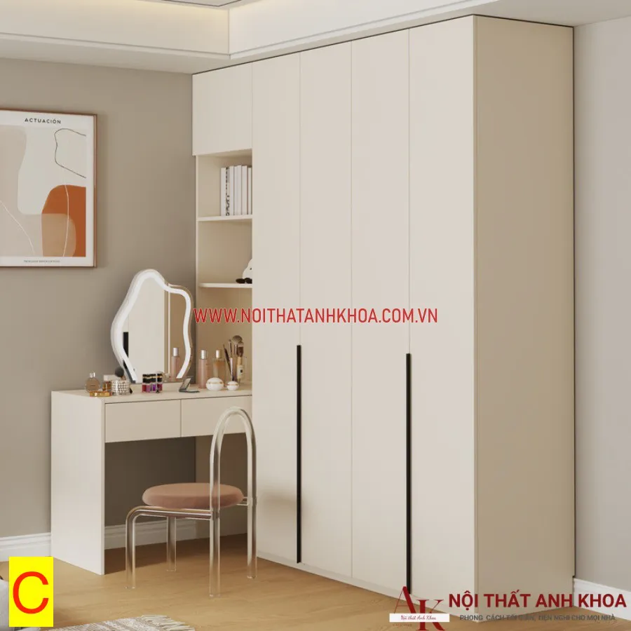 Tủ Quần Áo Kết Hợp Bàn Học Gỗ Công Nghiệp Màu Trắng Hiện Đại Tiện Nghi