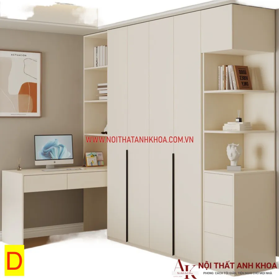Tủ Quần Áo Kết Hợp Bàn Học Gỗ Công Nghiệp Màu Trắng Hiện Đại Tiện Nghi