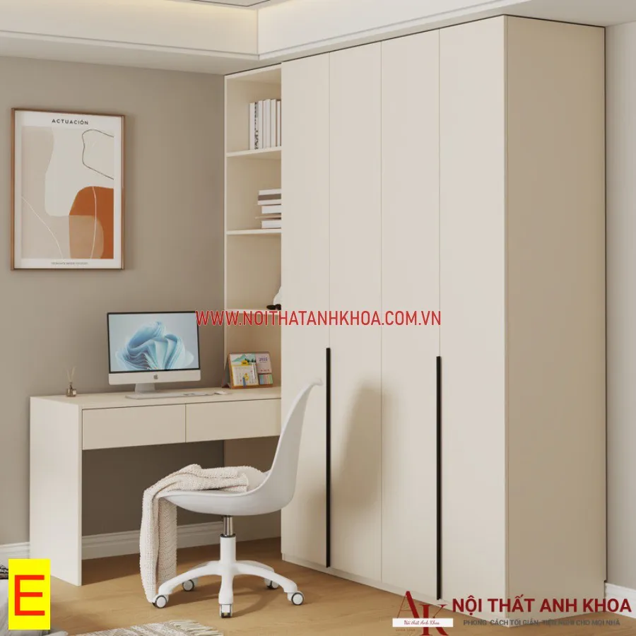 Tủ Quần Áo Kết Hợp Bàn Học Gỗ Công Nghiệp Màu Trắng Hiện Đại Tiện Nghi