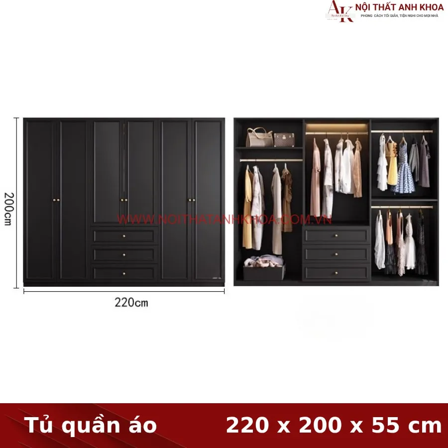Tủ Quần Áo Màu Đen Gỗ MDF Đẹp Lịch Lãm