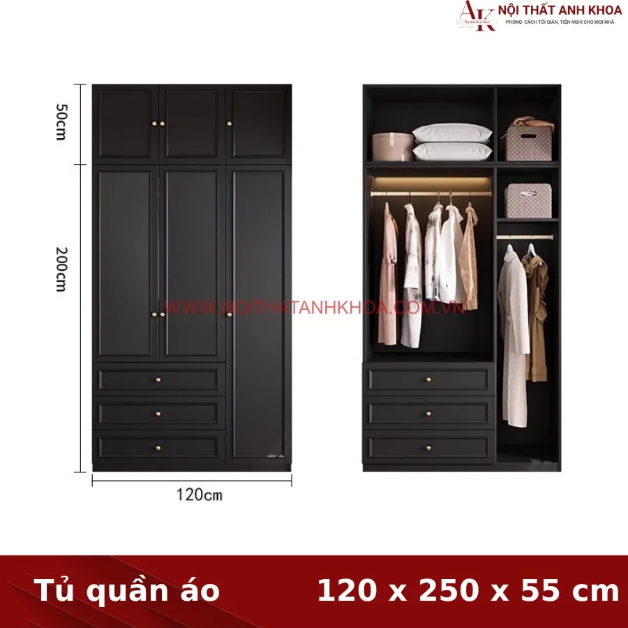 Tủ Quần Áo Màu Đen Gỗ MDF Đẹp Lịch Lãm