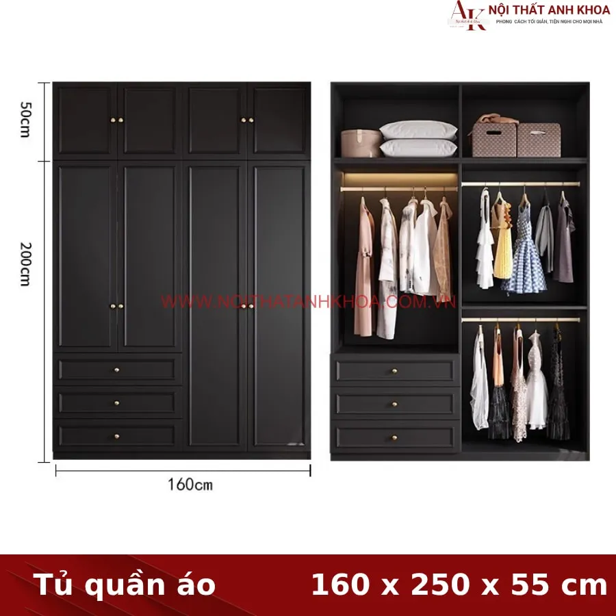 Tủ Quần Áo Màu Đen Gỗ MDF Đẹp Lịch Lãm