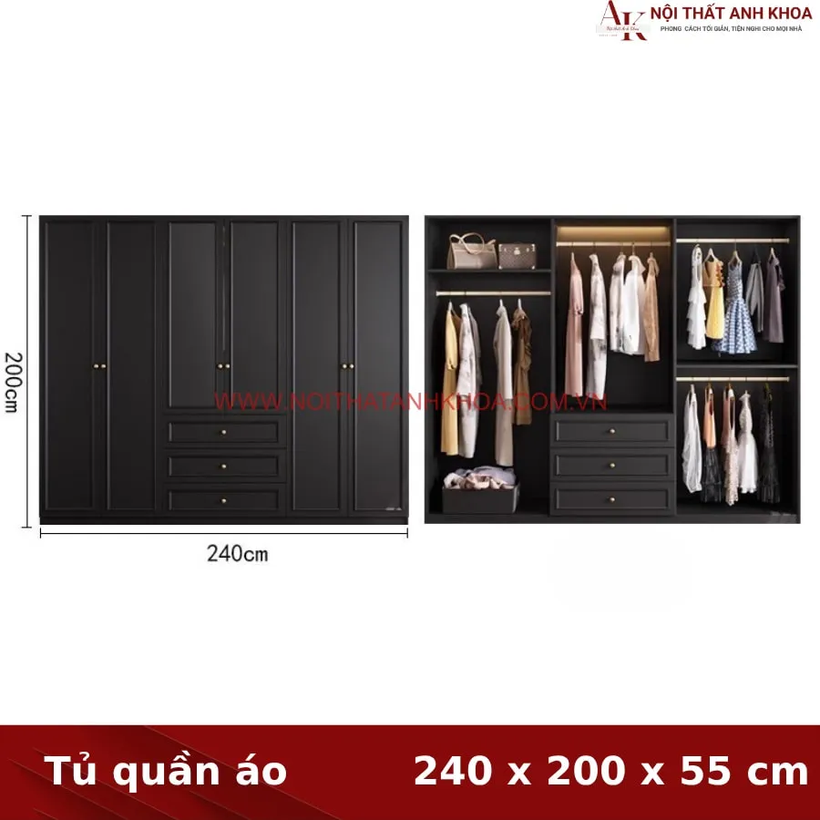 Tủ Quần Áo Màu Đen Gỗ MDF Đẹp Lịch Lãm