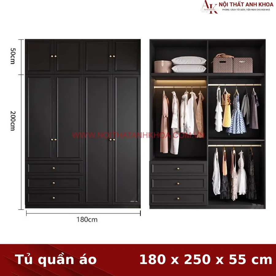 Tủ Quần Áo Màu Đen Gỗ MDF Đẹp Lịch Lãm