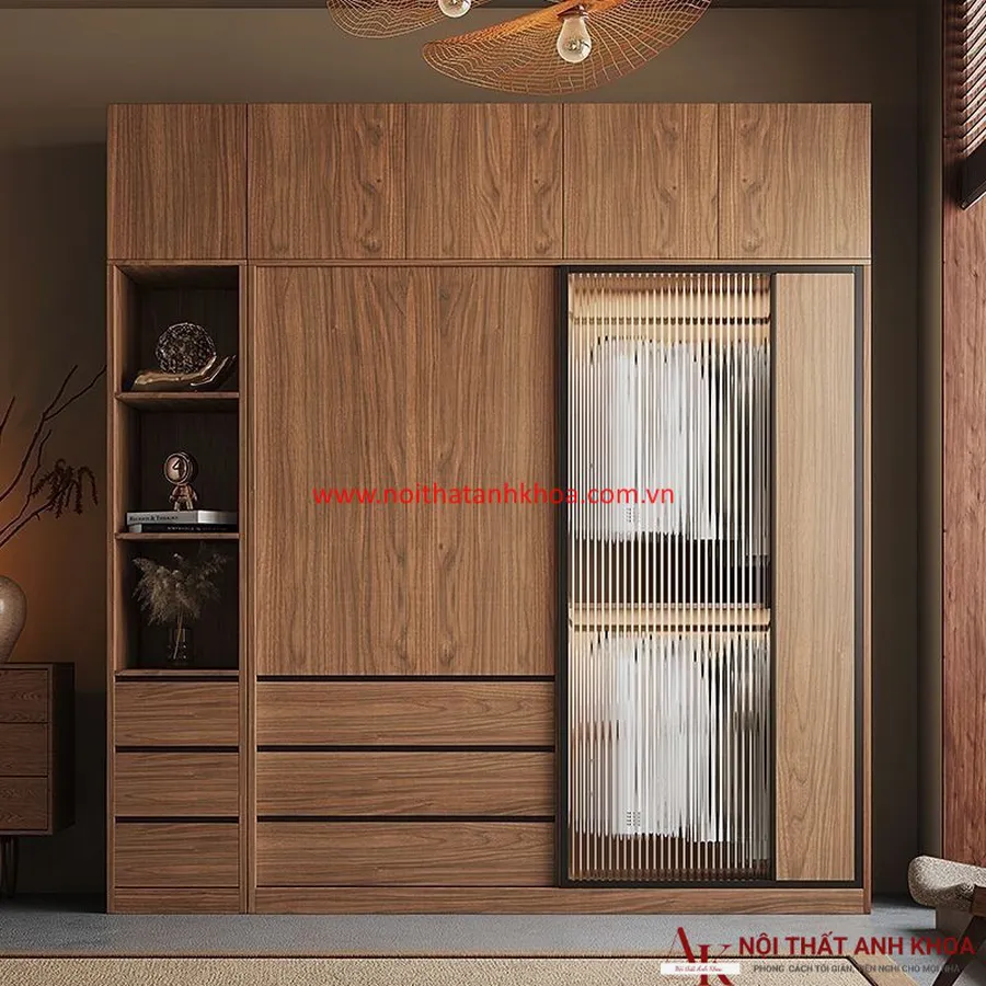 Tủ Quần Áo MDF Màu Óc Chó Phối Cánh Kính