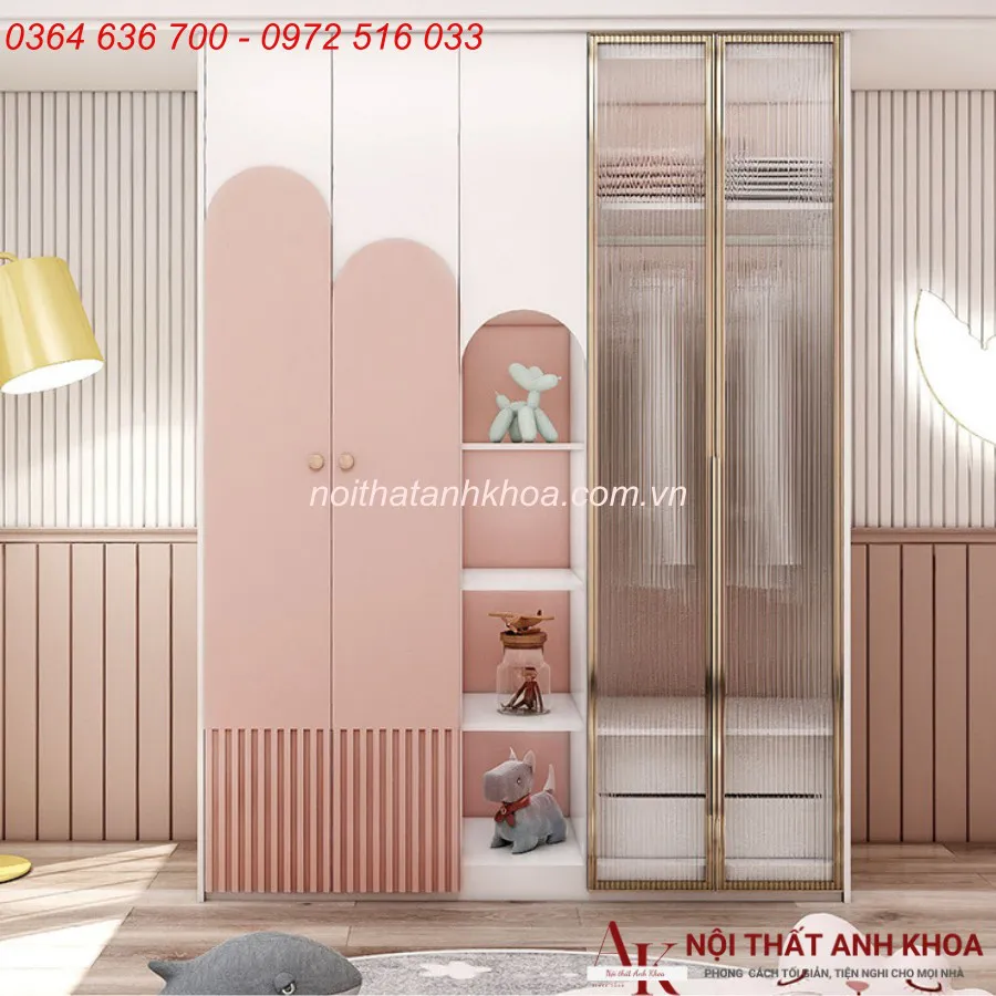 Tủ Quần Áo Trẻ Em Gỗ Công Nghiệp Màu Hồng Tinh Tế