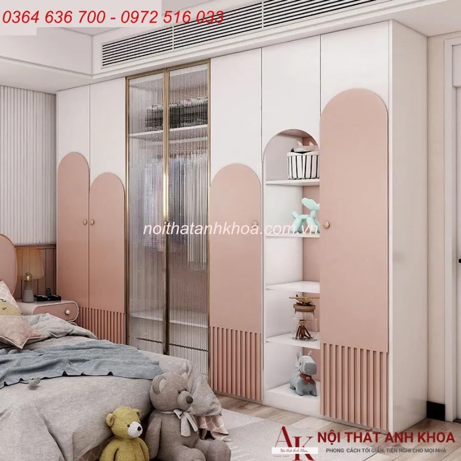 Tủ Quần Áo Trẻ Em Gỗ Công Nghiệp Màu Hồng Tinh Tế