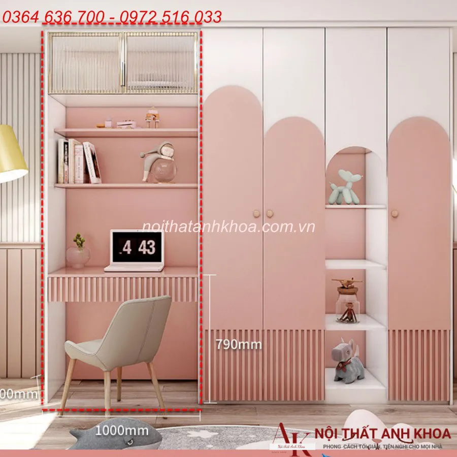 Tủ Quần Áo Trẻ Em Gỗ Công Nghiệp Màu Hồng Tinh Tế
