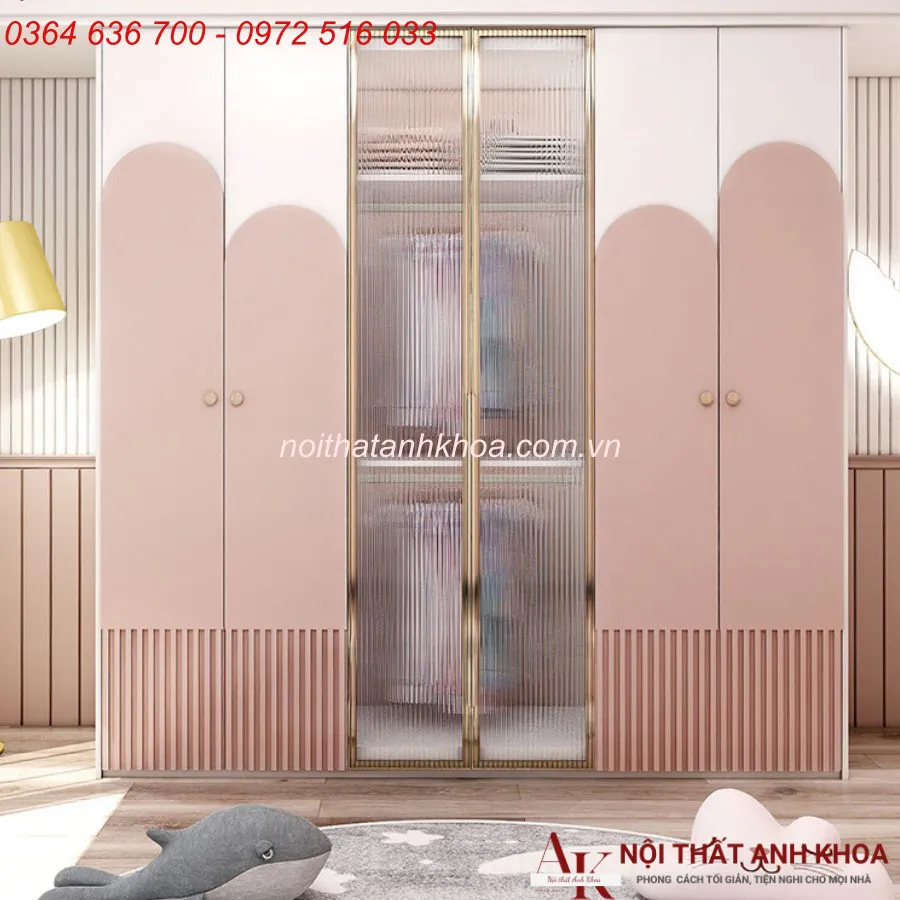 Tủ Quần Áo Trẻ Em Gỗ Công Nghiệp Màu Hồng Tinh Tế