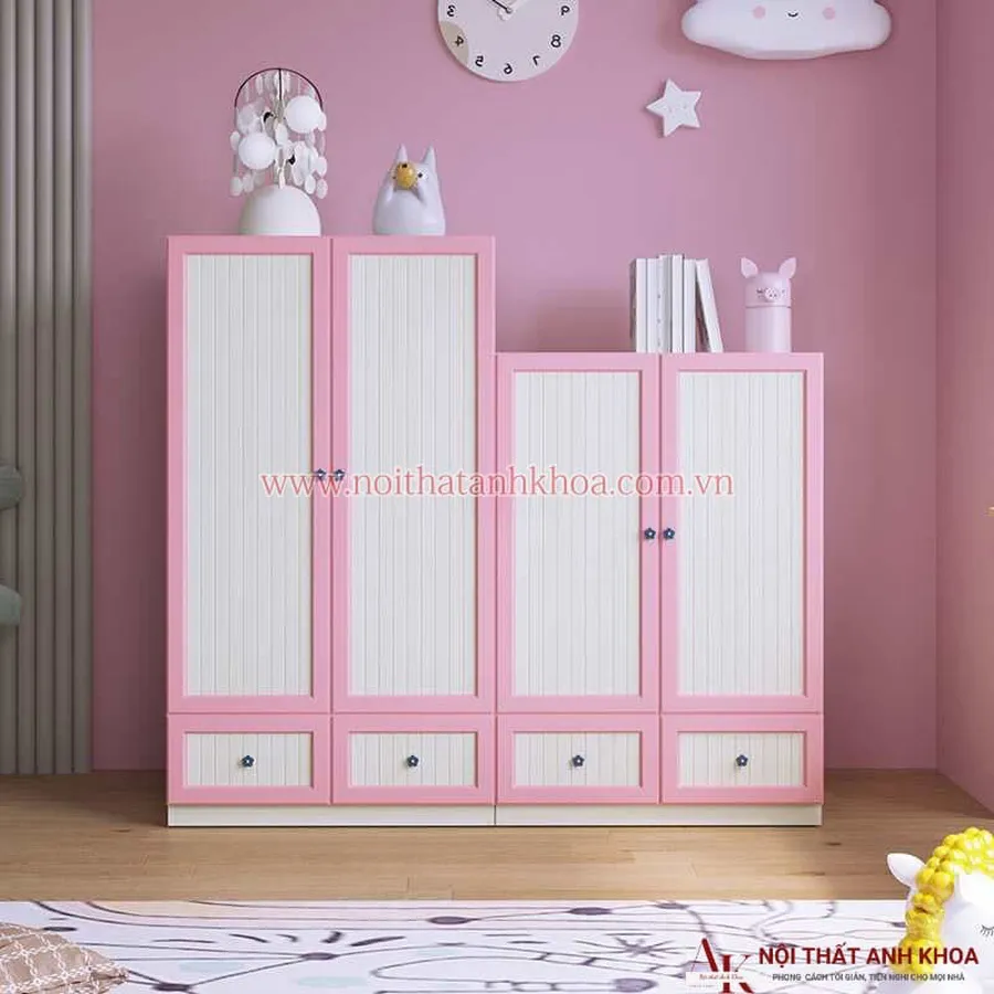 Tủ Quần Áo Trẻ Em Gỗ Công Nghiệp Màu Hồng Phối Trắng Giá Rẻ