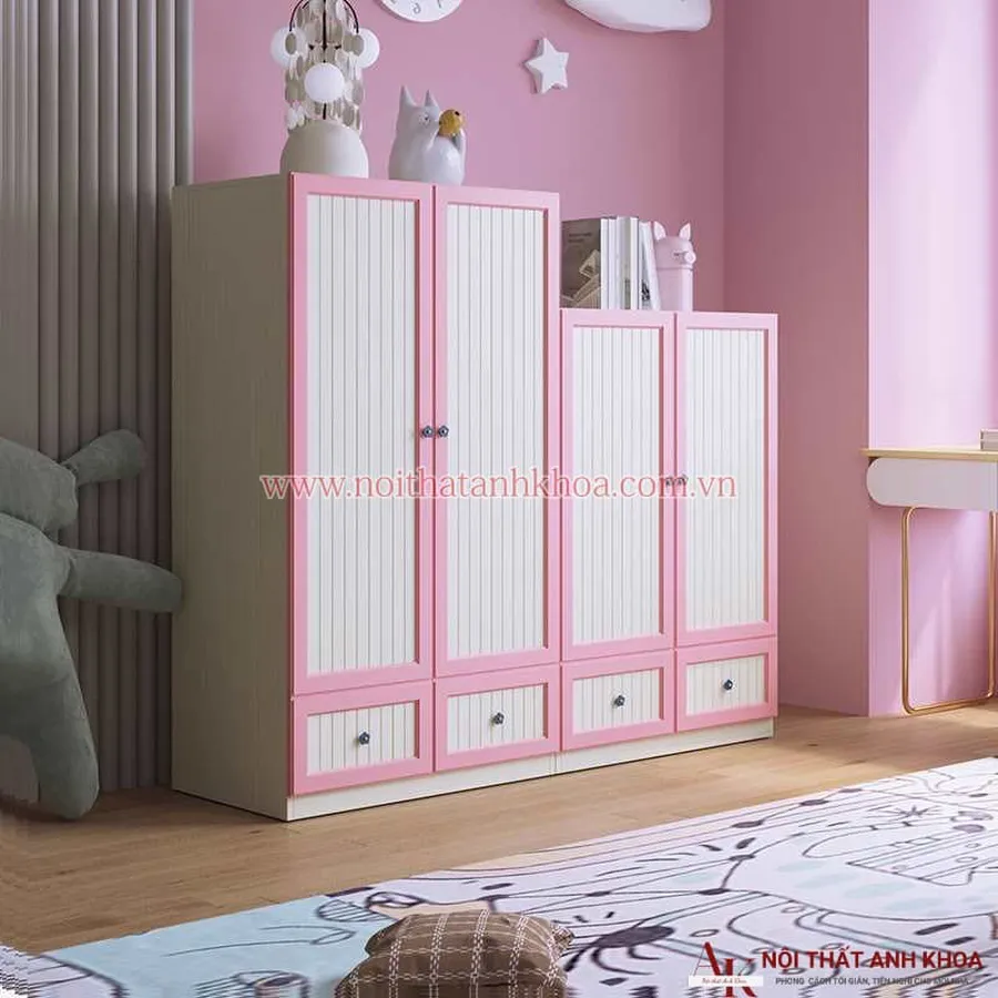 Tủ Quần Áo Trẻ Em Gỗ Công Nghiệp Màu Hồng Phối Trắng Giá Rẻ