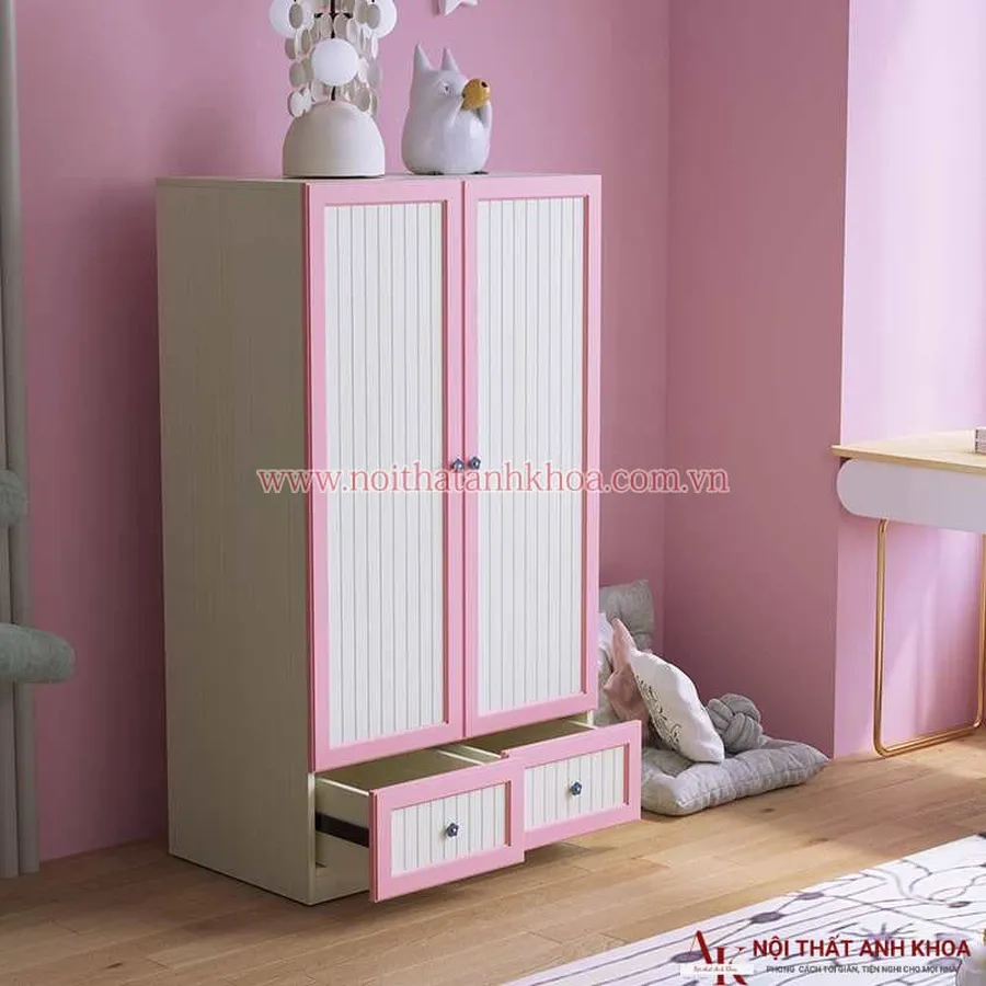 Tủ Quần Áo Trẻ Em Gỗ Công Nghiệp Màu Hồng Phối Trắng Giá Rẻ