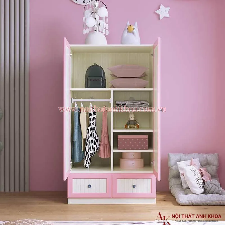 Tủ Quần Áo Trẻ Em Gỗ Công Nghiệp Màu Hồng Phối Trắng Giá Rẻ