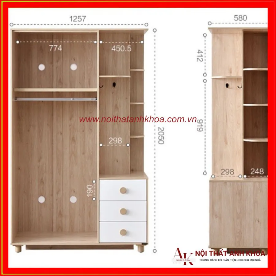 Tủ Quần Áo Trẻ Em Gỗ MDF Có Kệ Phối Màu Đẹp Giá Rẻ
