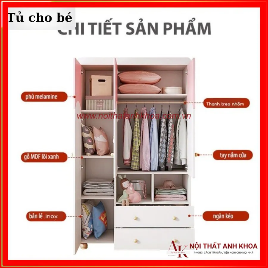Tủ Quần Áo Trẻ Em Gỗ MDF Màu Hồng Phối Trắng Đẹp Giá Rẻ