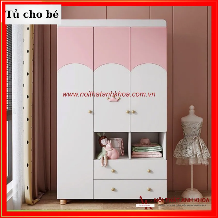 Tủ Quần Áo Trẻ Em Gỗ MDF Màu Hồng Phối Trắng Đẹp Giá Rẻ