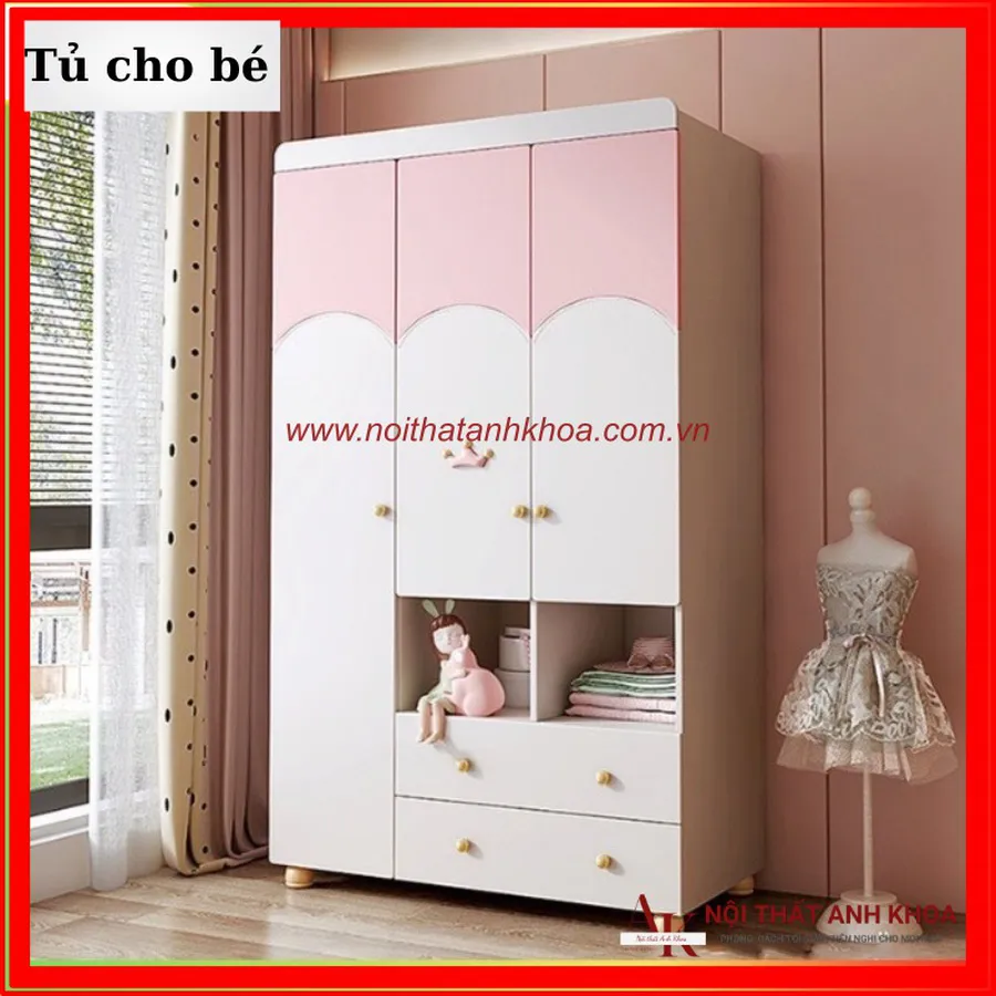 Tủ Quần Áo Trẻ Em Gỗ MDF Màu Hồng Phối Trắng Đẹp Giá Rẻ