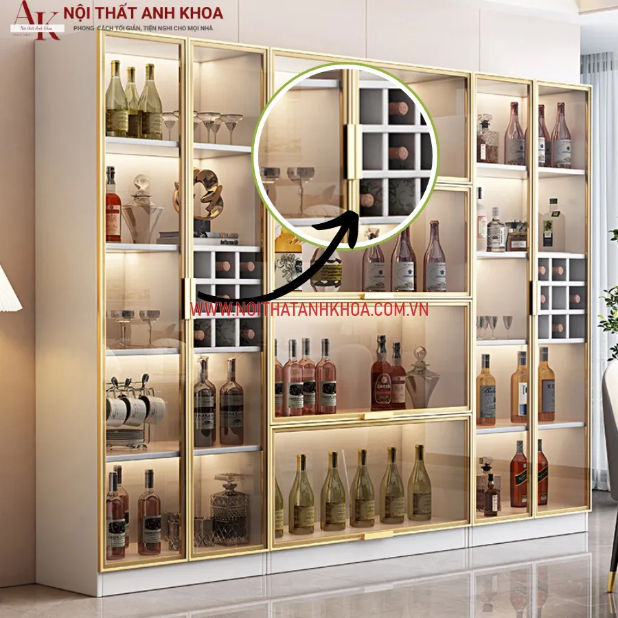 Tủ Rượu Cánh Kính Cường Lực Khung Gỗ MDF Hiện Đại Giá Tốt