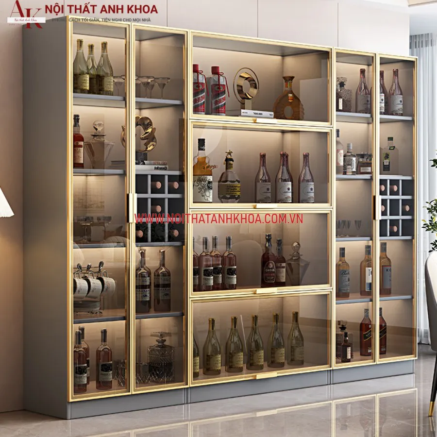 Tủ Rượu Cánh Kính Cường Lực Khung Gỗ MDF Hiện Đại Giá Tốt